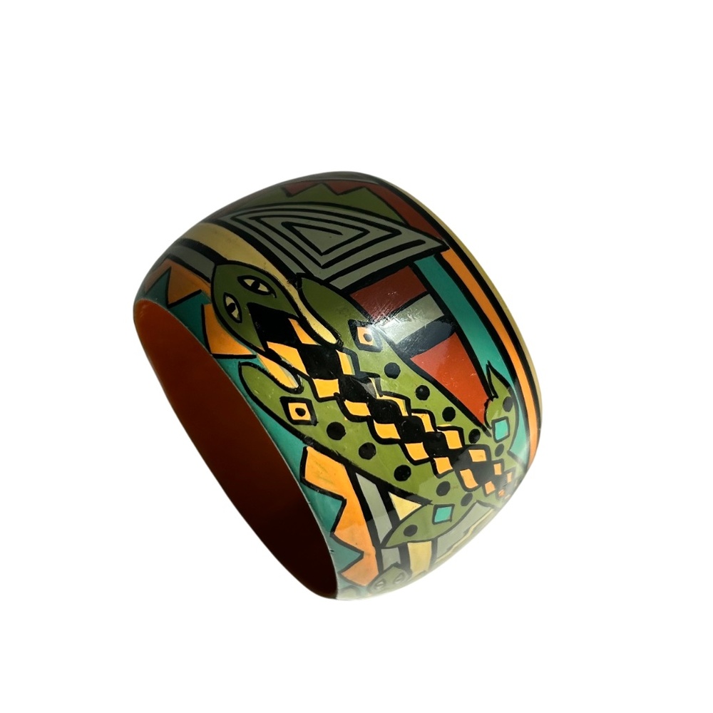 Handpainted Artisan Aztec Snake Pattern Green Bro… - image 6